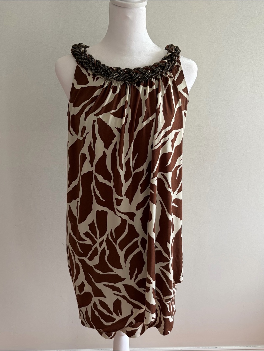 Donna Ricco Brown and Cream Braided Bead-Trim Sleeveless Top